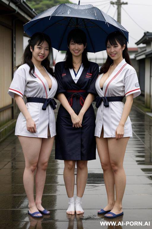 japanese sailor suit，hose，no shoes， worn-out clothes， uniform，three women standing each other，standing in the rain，apocalyptic world，clothes in rags， and some of them had sloughed off，japanese - #main