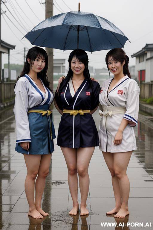 japanese sailor suit，no shoes， worn-out clothes， uniform，three women standing each other，standing in the rain，apocalyptic world，clothes in rags， and some of them had sloughed off，japanese - #main