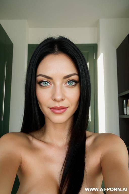 most beautiful woman according to science, totally nude, eye contact, ((black hair)), ((green eyes)), seductive, flirty, smirking, sleepy eyes, ready to kiss - #main