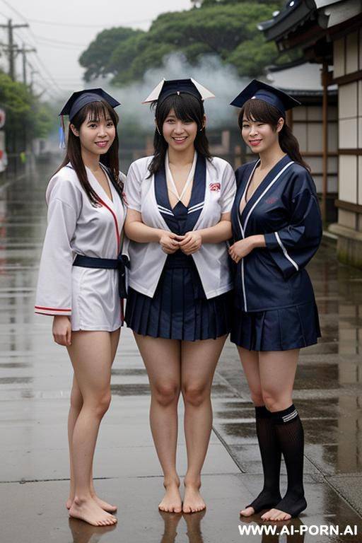 japanese sailor suit，dressed in rags，hose，no shoes， worn-out clothes， uniform，three women standing each other，standing in the rain，apocalyptic world，clothes in rags， and some of them had sloughed off，japanese - #main