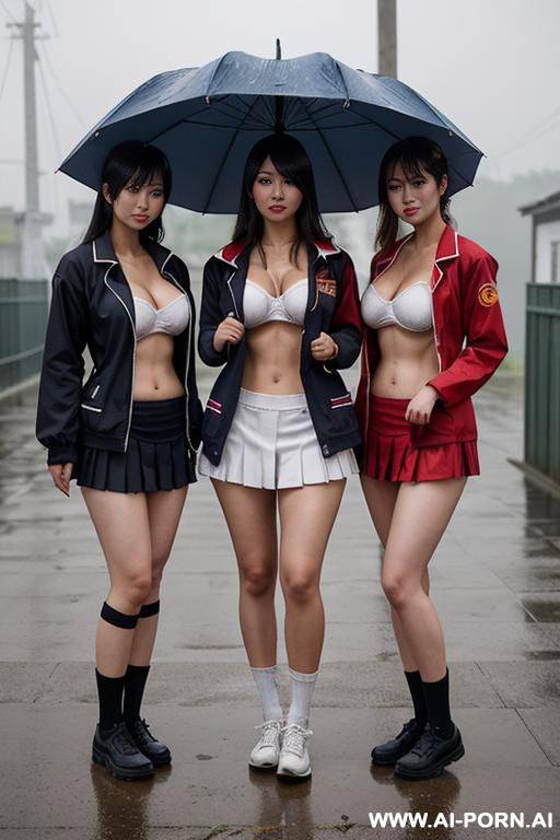con， sailor suit， uniform，poverty.dressed in rags，hose， worn-out clothes， uniform，three women standing each other，standing in the rain，apocalyptic world，clothes in rags， and some of them had sloughed off，japanese - #main