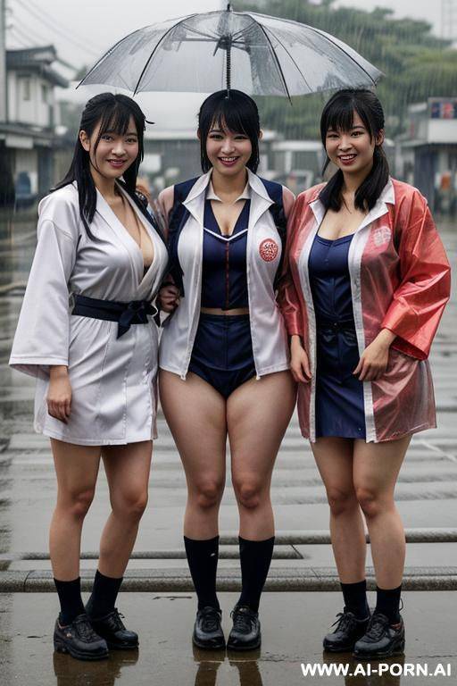 japanese sailor suit， worn-out clothes， uniform，three women standing each other，standing in the rain，apocalyptic world，clothes in rags， and some of them had sloughed off，japanese - #main