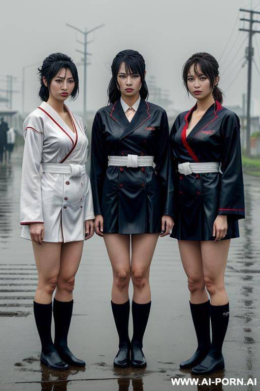 japanese sailor suit， uniform，three women standing each other，standing in the rain，apocalyptic world，clothes in rags， and some of them had sloughed off，japanese - #main
