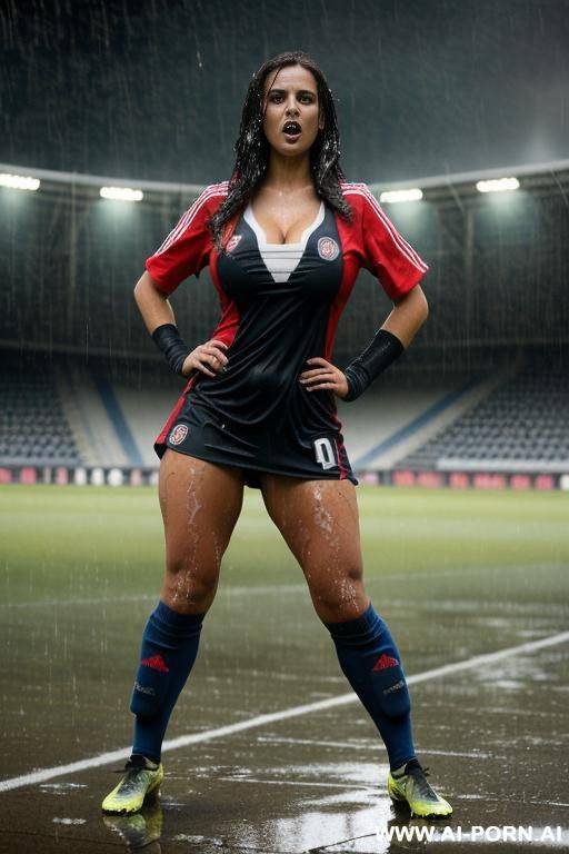 ((busty brunette soccer player)) ((saggy boobs)) ((standing in the rain in soccer stadium)) ((getting wet)) ((looking angry)) - #main
