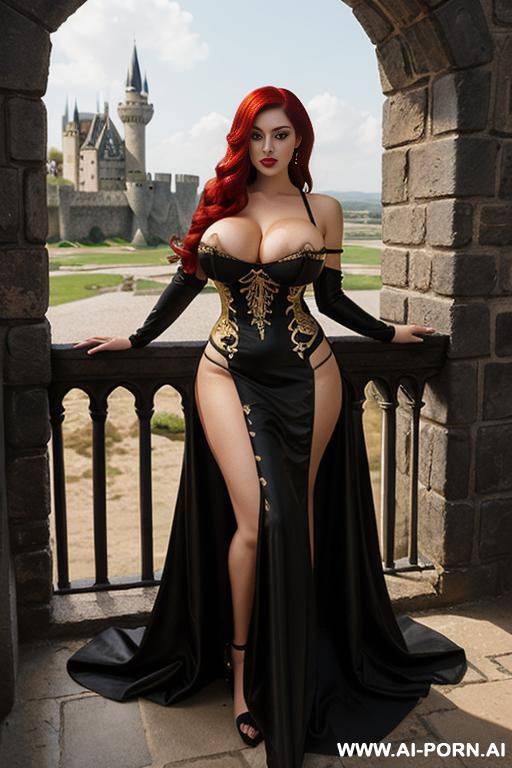 long black and gold medieval dress, medieval castle, very long hair - #main