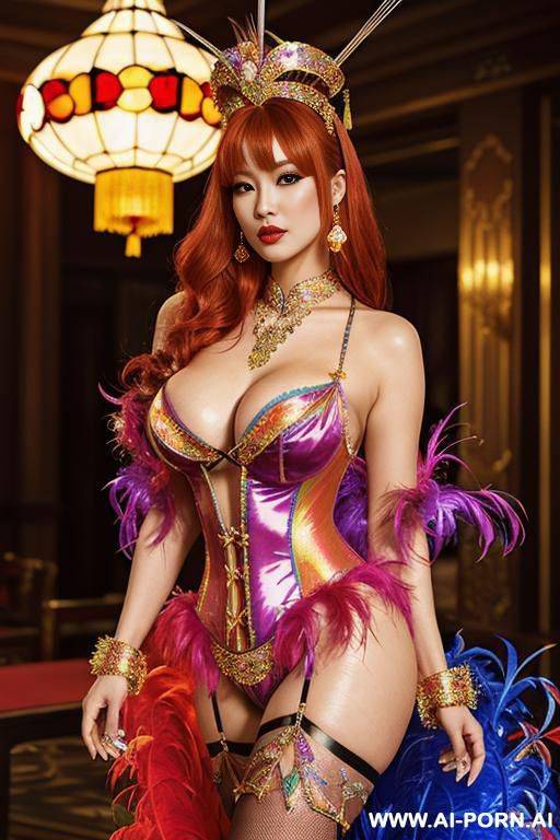 chinese, rainbow feather studed bright diamond transparent corset，feather tutu skirt， mesh robe， rainbow sequin bra ,necklace，rainbow large pointed thigh-high boots - #main