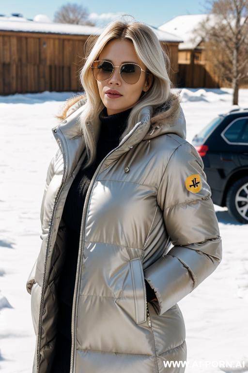 milf cold sunny winterday, sunglasses, long puffy jacket - #main