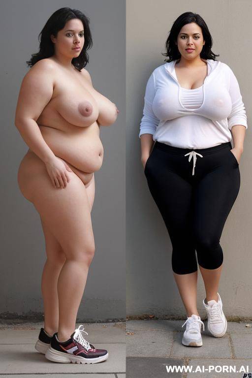 same woman before and after, nude curvy woman standing naked in only sneakers, second same woman obese standing naked in only sneakers. - #main