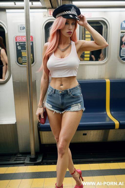 toned muscular woman with long pink hair. red high heels. white cropped ripped tank top showing belly. denim cutoff shorts with chain. police cap. big oversized tits. on subway train. - #main