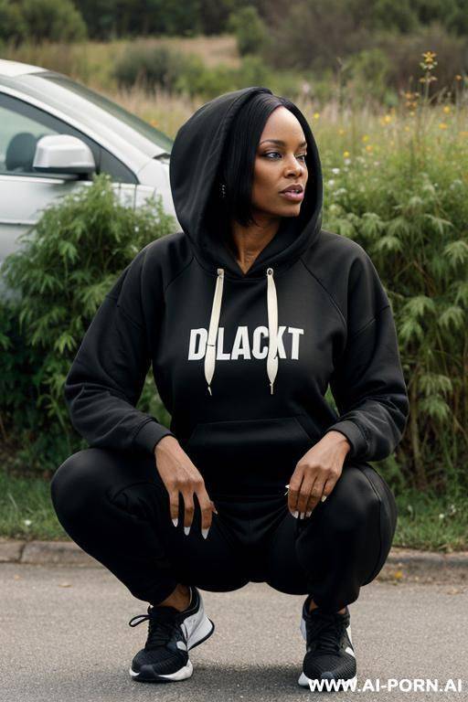 black american woman, straight hair, trainingspants, hoodie, squatting in weeds behind parked cars - #main
