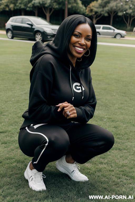 black american woman, straight hair, trainingspants, hoodie, squatting on grass behind parked cars - #main