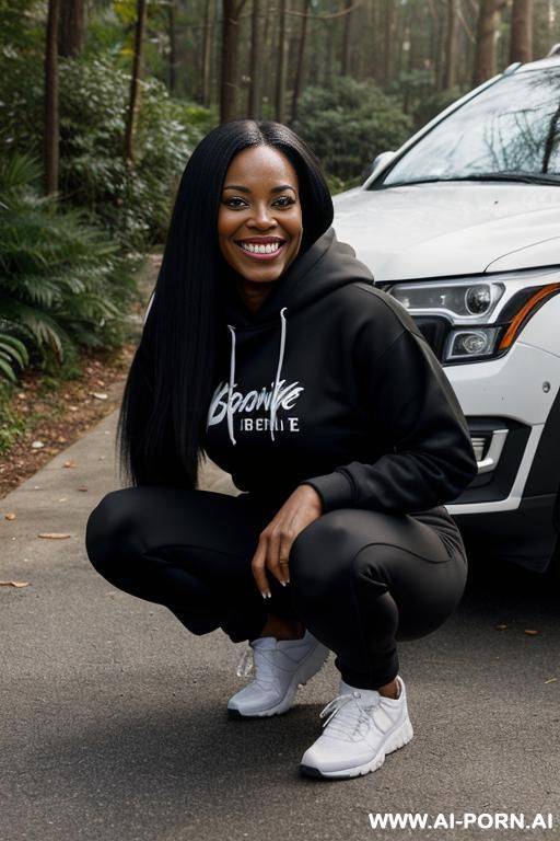 black american woman, straight hair, trainingspants, hoodie, squatting in underbrush behind parked cars - #main