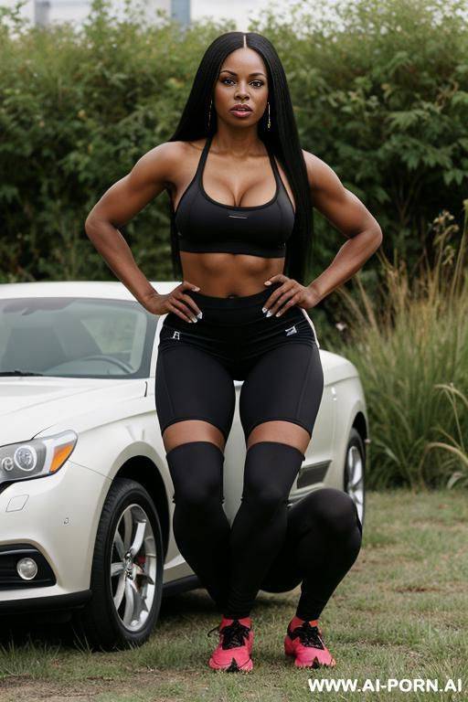 black american woman, straight hair, trainingsclothes squatting in weeds behind parked cars - #main