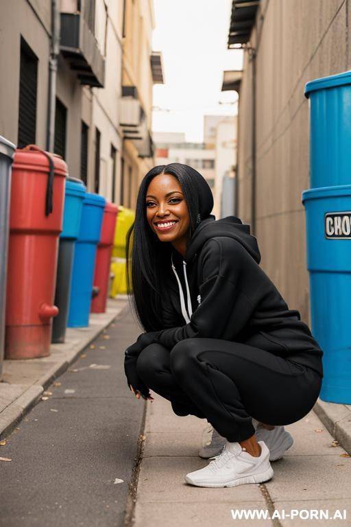 black american woman, straight hair, trainingspants, colored hoodie, squatting in alley behind trashcans side-view - #main