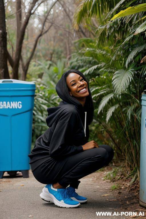 black american woman, straight hair, trainingspants, colored hoodie, squatting in underbrush behind trashcans side-view - #main