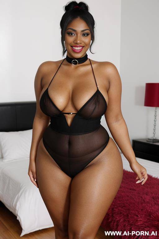 short, ponytail, hairy, smiling, make-up, standing in bedroom, saggy tits, choker, spread legs black hair transgender woman - #main