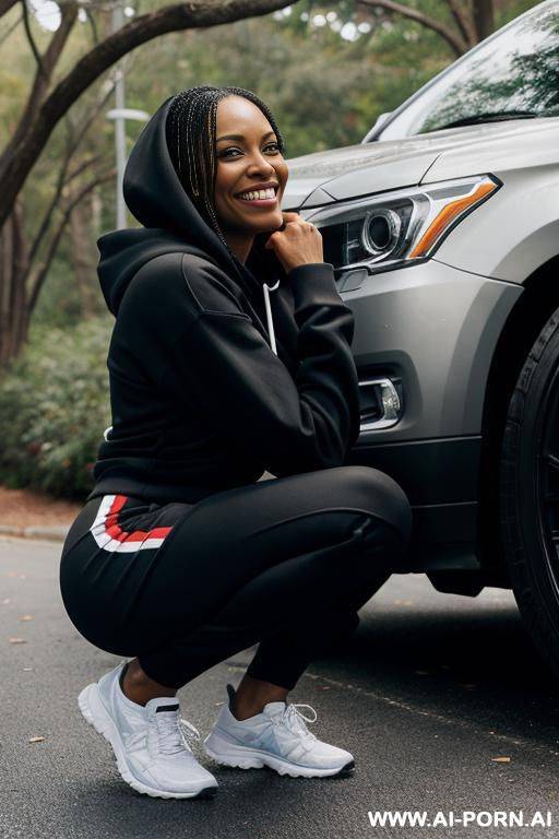 black american woman, straight hair, trainingspants, colored hoodie, squatting in underbrush behind parked cars, side-view - #main