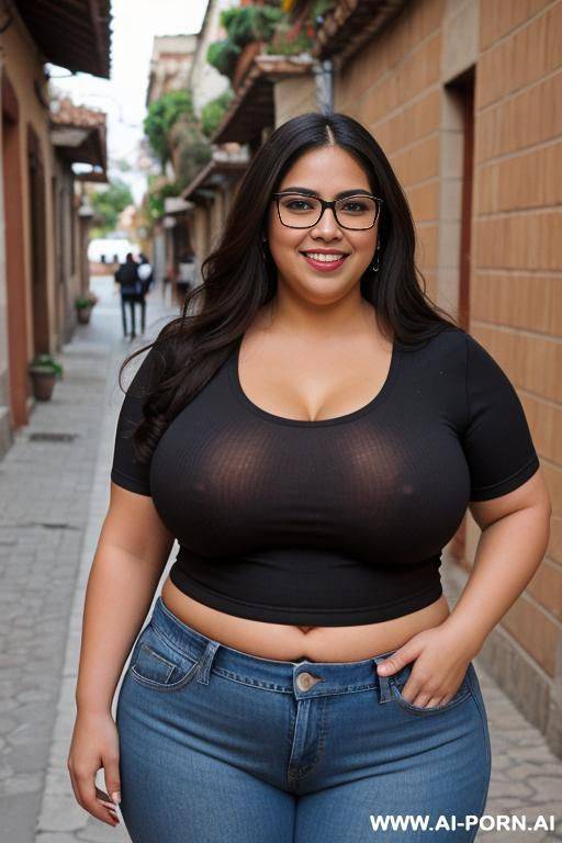 fully clothed, mexican, very chubby, huge gordita, eating, nerd, glasses, ultra wide hips, standing up, tight jeans, band tshirt, ssbbw, rotund, huge, eye shw, eating taco, beautiful face - #main