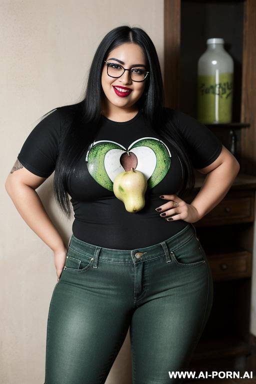 mexican, chola, hugely pear shaped, gordita, drinking potion, hourglass figure, punk rocker, wearing band shirt, drinking a green potion, wearing glasses - #main