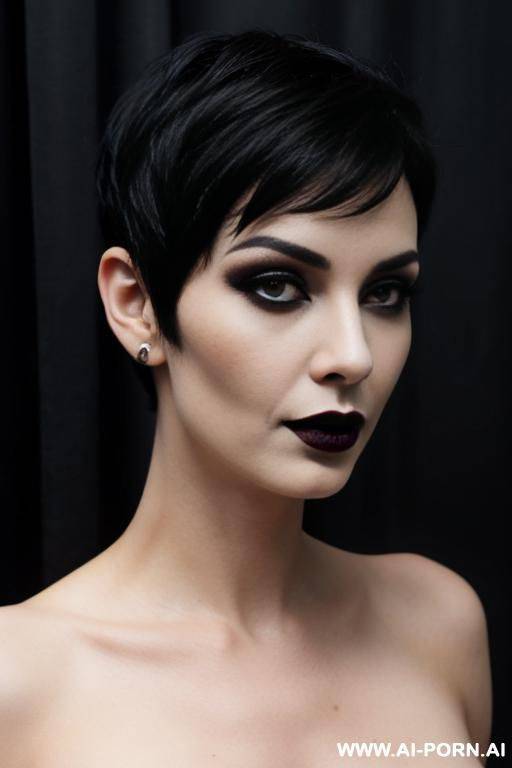 dark hair, milf, black lipstick, naked, short hair undercut, makeup, white, gothic, lean-built - #main