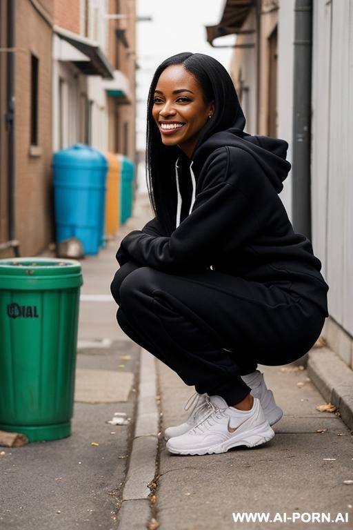 black american woman, straight hair, trainingspants, colored hoodie, squatting in alley behind trashcans side-view - #main