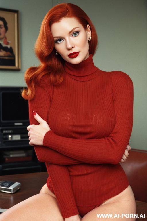 160s. 166. vintage, retro. 30 years old milf. ginger hair. red nails. lipstick. hugging turtleneck sweater. blue eyes. full body shot. cutie babe face. short. - #main
