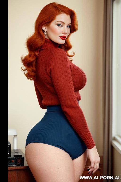 160s. 166. vintage, retro. 30 years old milf. ginger hair. curvy, busty, voluptuous body. red nails. lipstick. hugging turtleneck sweater. blue eyes. full body shot. cutie babe face. short. the ass is not that big - #main