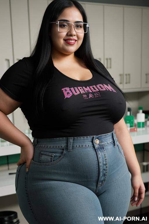 mexican, chola, hugely pear shaped, gordita, rotund physique, ultra wide hips, drinking potion, hourglass figure, punk rocker, wearing band shirt, drinking a green potion, wearing glasses - #main