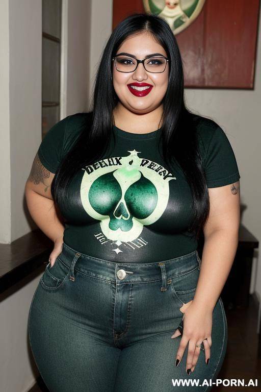 mexican, chola, hugely pear shaped, gordita, drinking potion, hourglass figure, punk rocker, wearing band shirt, drinking a green potion, wearing glasses - #main