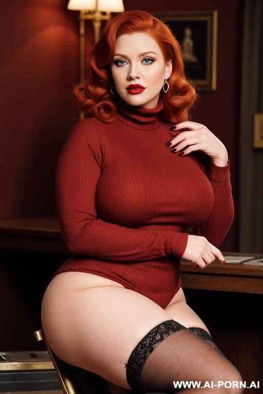 10s. 1. vintage, retro. 1. ginger hair. curvy, busty, voluptuous body. red nails. lipstick. hugging turtleneck sweater. blue eyes. full body shot. cutie babe face. short. seductive look. big natural breasts. prostitute. - #main