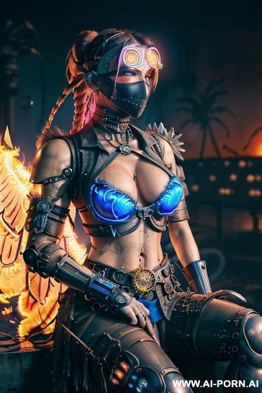 ((((masterpiece)))), (((woman sitting))), (glowing red eyes), (long blue purple and white hair with a flower), ((crop top white collar shirt with red tie)), ((((flaming angel wing)))), ((navy formal - #main