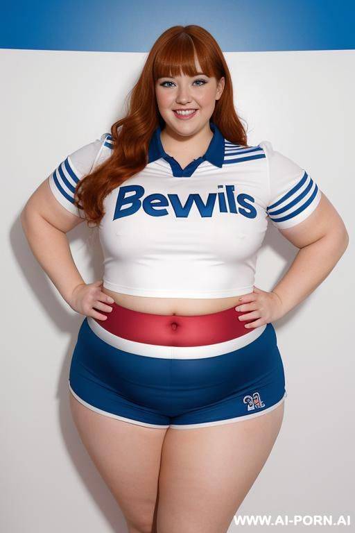 full body photo shot, professional photo studio, ((chubby)) fat bbw cheerleader, making a choreography, with big tummy and lovehandless, she is wearing a uniform with blue´s and white´s colors - #main