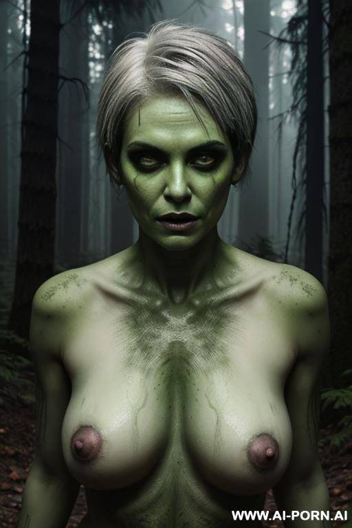 zombie woman, green skin, deep anal, pretty face, gray hair, short hairstyle, mysterious forest, twilight - #main