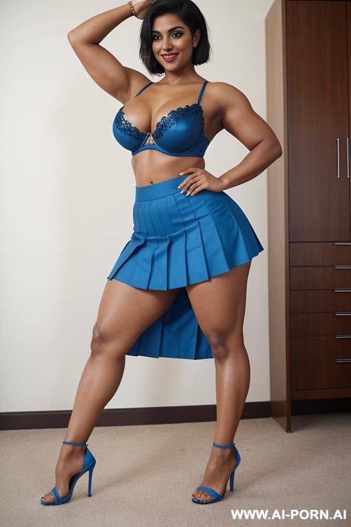 indian, short hair, curvy, abs, muscular arms, big ass, tall, long legs, navel piercing, blue bra, blue pleat skirt, looking at camera, full body, stiletto, in room, sideways, side view, ass up, bend - #main