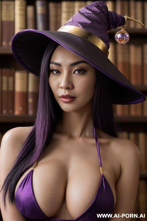 (close up) (asian witch) (dark purple low cut bikini with gold trim) (large dark purple witch hat) (nip slip) (ancient library) (looking into crystal ball) (long straight dark purple hair) - #main