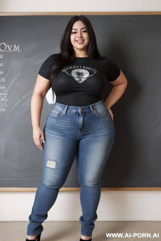 mexican, very , hourglass shaped, eye shw, exceptionally wide hips, high rise jeans, big hair, band shirt, extra thicc, plump, massive thighs - #main