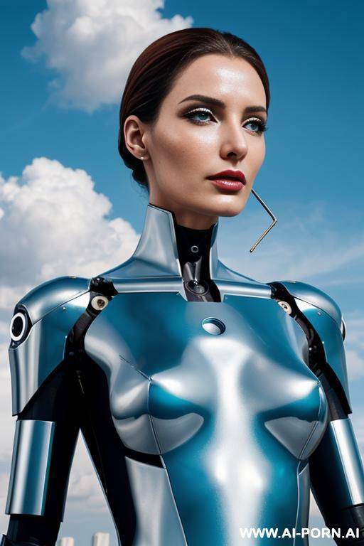 immagine realistica di elevata qualità, cyborg robot woman metallic di colore whait and sky blue. - #main