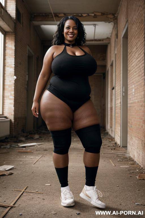 nude black obese milf with huge boobs standing naked in sneakers, socks, choker in abandoned building, smiling. - #main