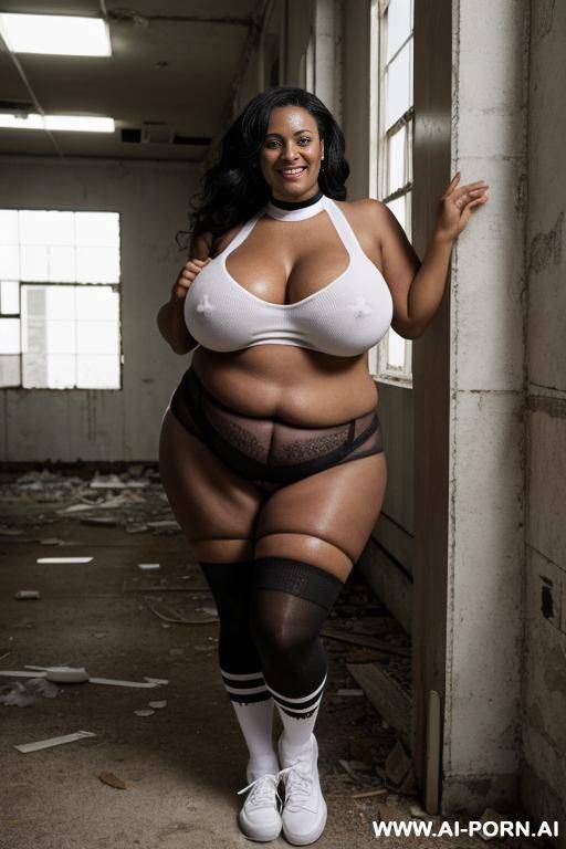 nude black obese milf with huge boobs standing naked in sneakers, socks, white choker in abandoned building, smiling. - #main