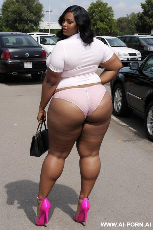 a very fat black woman is wearing pink underpants at the parking lot - #main