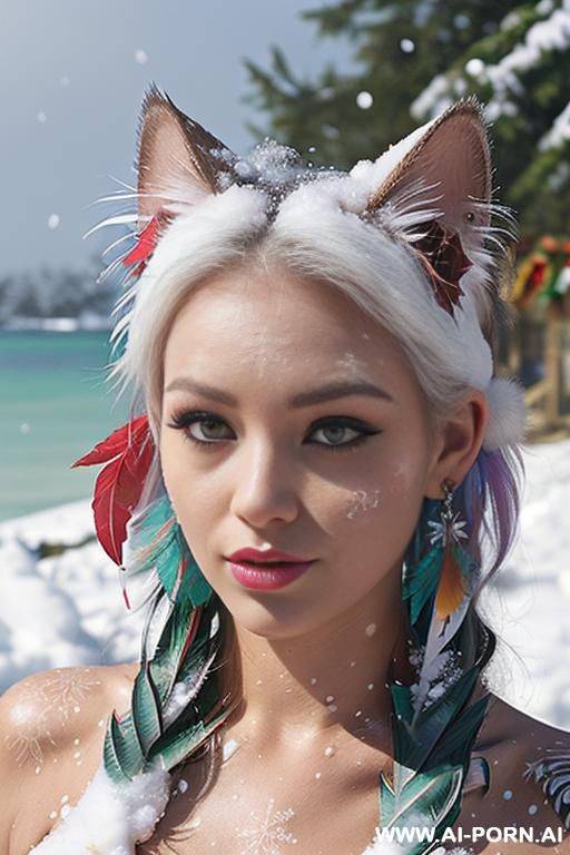 face, sexy, beautiful, ((face painting)), ((bikini as seashell)), ((tattoo roses)), ((eyes shw)), ((angel wings)), ((rainbow hair)), ((long bu hair)), ((wind)), (( cat face)), (( cat ears)), (((feather - #main