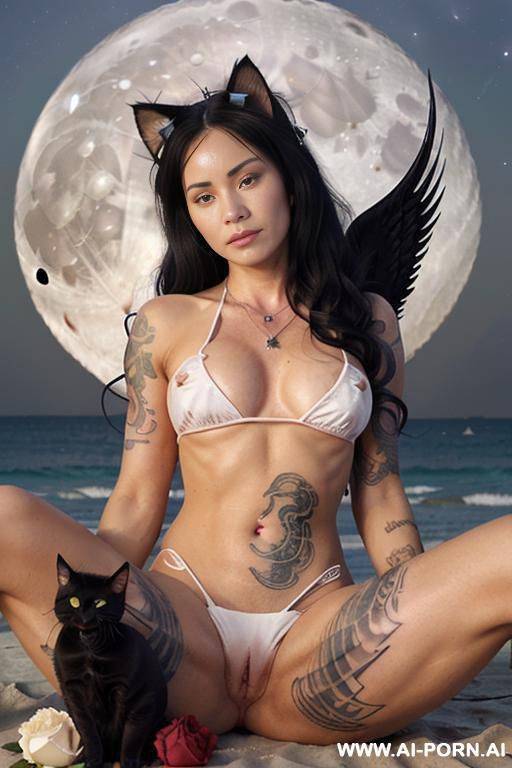 imagine an american woman wearing a hijab, naked, lying on her back on a beach, her huge, oversized breasts and vagina visible. - #main