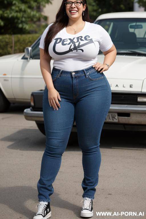 mexican, chicana, super wide hips, high rise jeans, band shirt, nerd, extra thicc, happy, pear shaped - #main