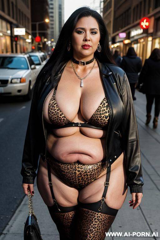 fat old milf, animal print hooker outfit, huge saggy boobs, long straight hair, crop jacket, necklace, choker, elries, street night, waist shot - #main