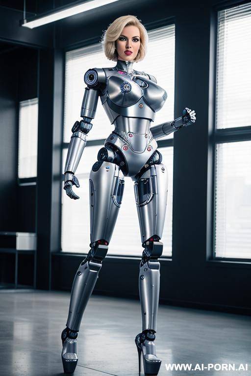 robot superwoman, short blonde hair, fully robotic body, athletic body, (huge robotic tits:1.3), platform stilettos - #main