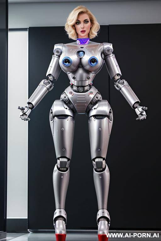 robot superwoman, short blonde hair, (fully robotic body, athletic body, huge robotic tits:1.3), platform stilettos - #main