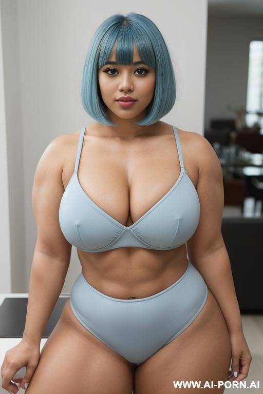 bob with bangs haircut, light blue hair, hispanic woman, sexy, attractive, beautiful, buxom, obese, bulked up muscled thighs, full body in frame - #main