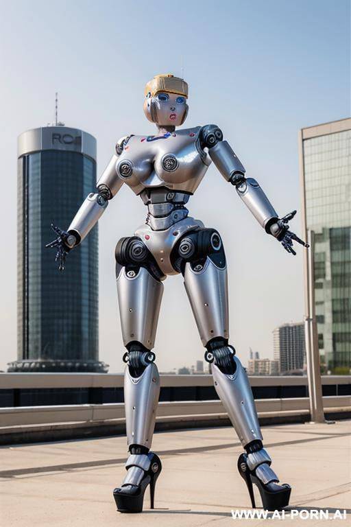 robot superwoman, short blonde hair, (fully robotic body, athletic body, huge robotic tits:1.3), platform stilettos - #main