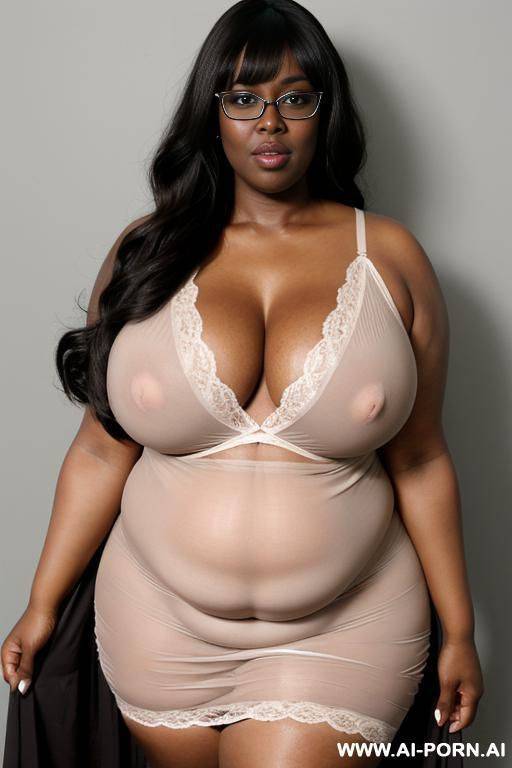 wearing glasses, bimbo, thick lips, fat lips, long hair, bangs, dark skin - #main