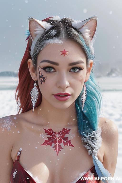 face, sexy, beautiful, ((face painting)), ((bikini as seashell)), ((tattoo roses)), ((eyes shw)), ((angel wings)), ((rainbow hair)), ((long bu hair)), ((wind)), (( cat face)), (( cat ears)), (((feather - #main